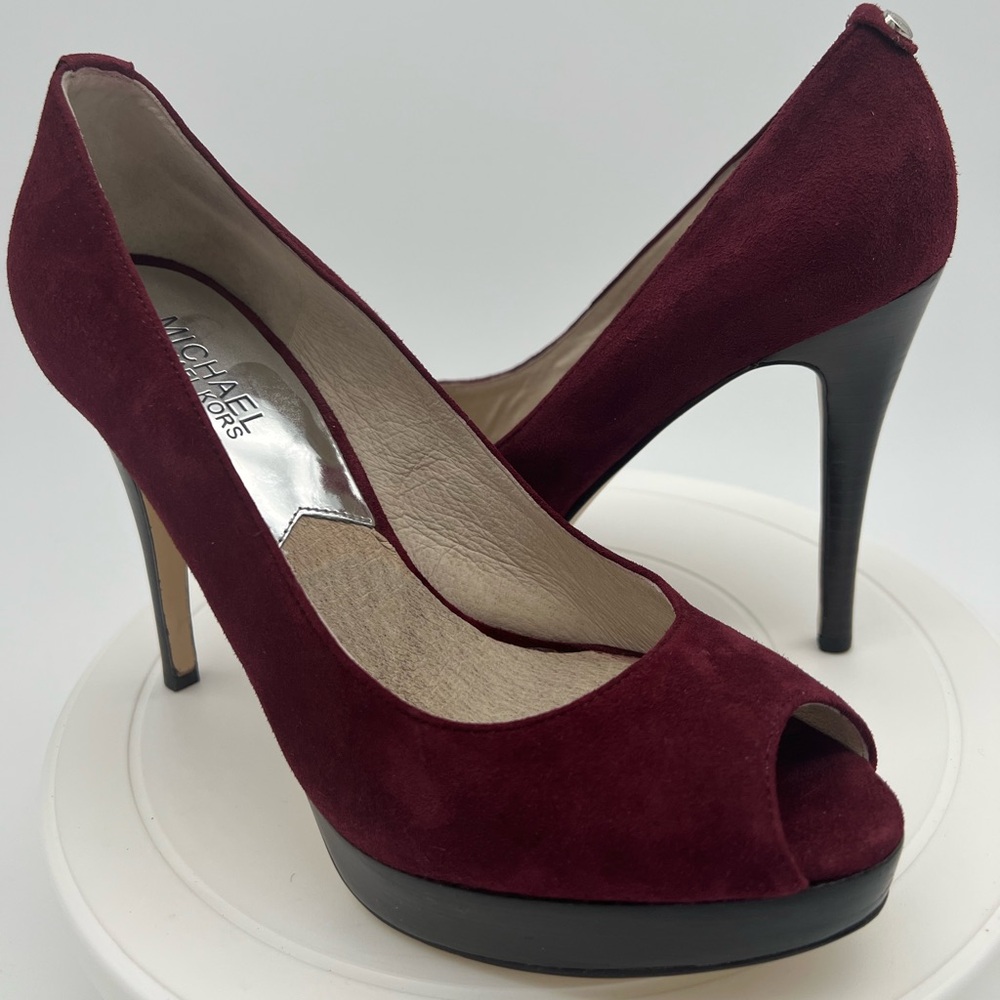 Michael Kors York Platform Peep Toe Pumps Bordeaux Suede Wine Burgundy Shoe Sz 8